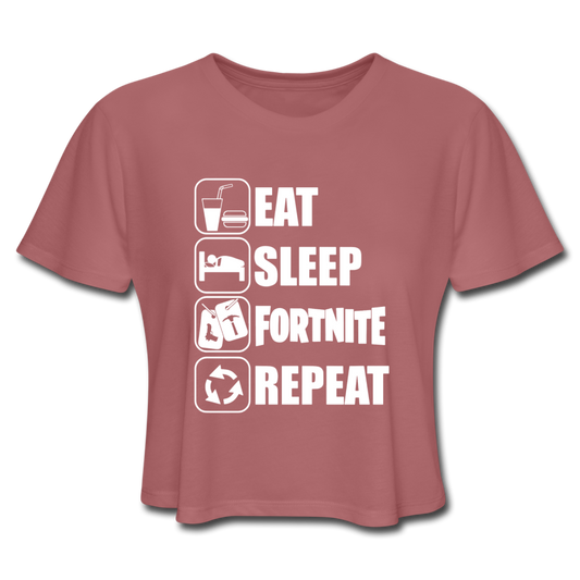 Eat Sleep White Design Fortnite Women's Cropped Video Game T-Shirt - mauve
