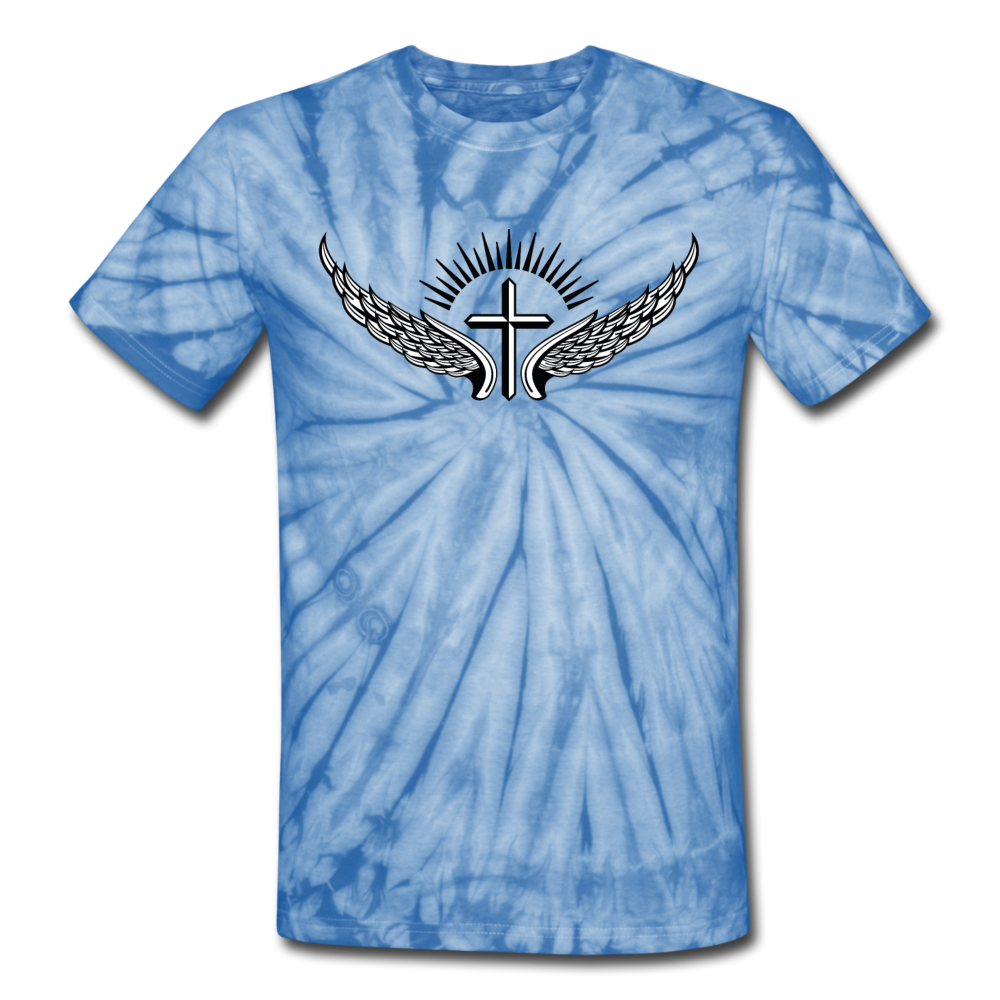 Winged Cross Tie Dye Tee - spider baby blue