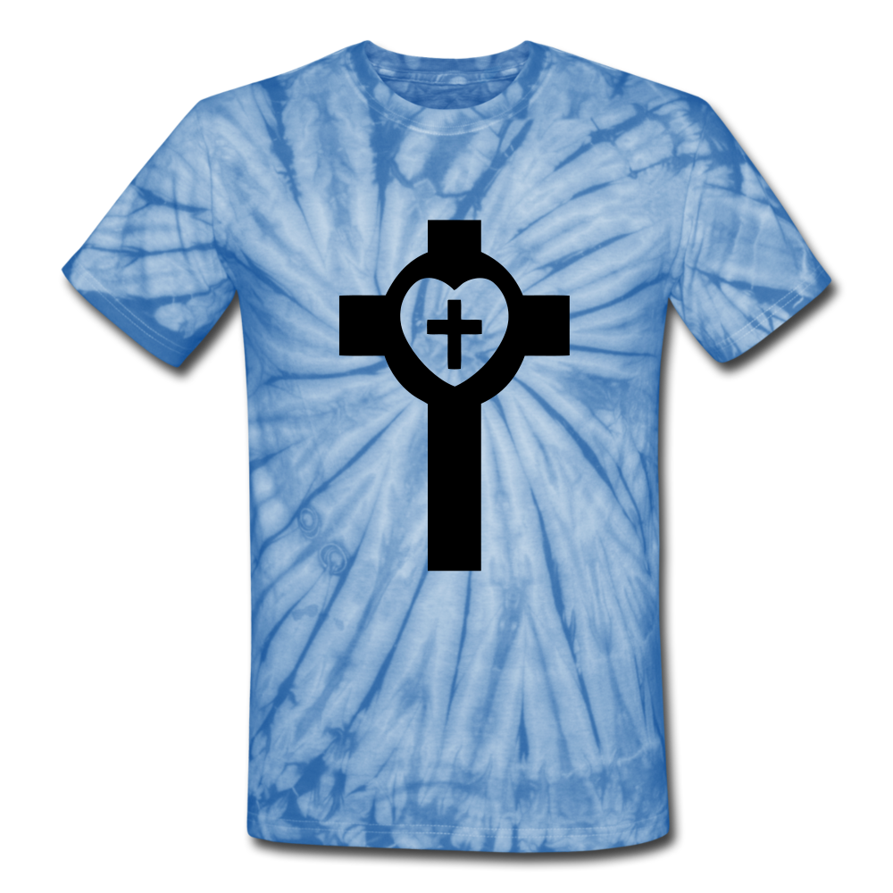 Lutheran Cross Tie Dye Tee - spider baby blue