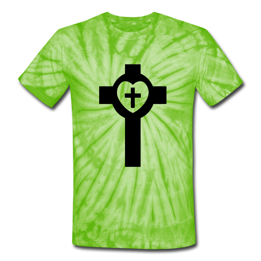 Lutheran Cross Tie Dye Tee - spider lime green