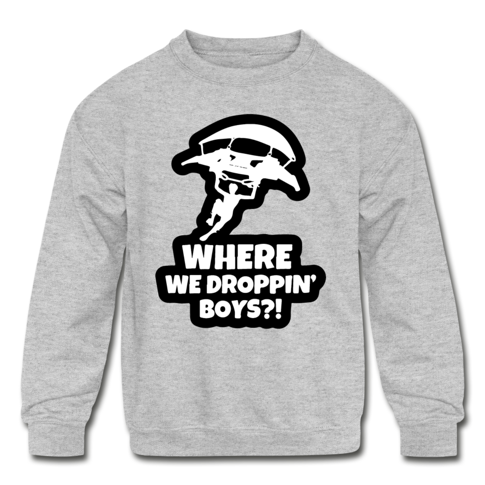 Where We Droppin' Crewneck Kid's Fortnite Video Game Sweatshirt - heather gray