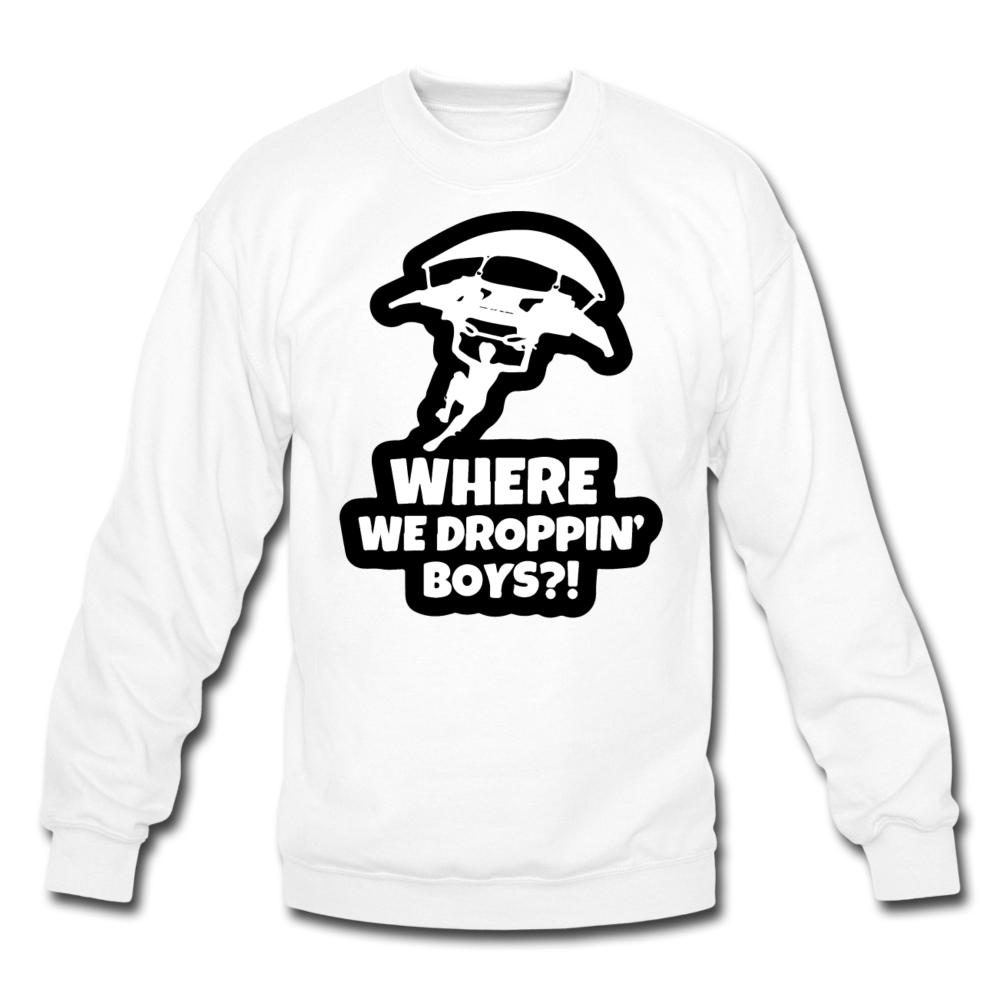 Where We Droppin' Crewneck Fortnite Video Game Sweatshirt - white