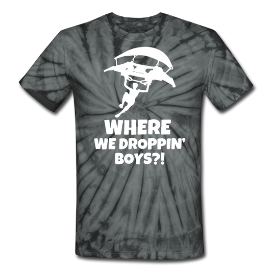 Where We Droppin' Tie Dyenomite Fortnite Video Game T-Shirt - spider black