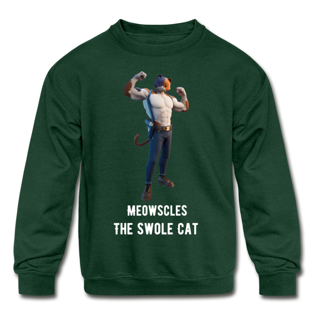 Meowscles the Swole Cat Kids' Crewneck Fortnite Video Game Sweatshirt - forest green